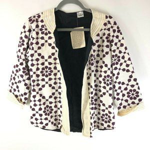 Ganesh Himal Womens Jacket Open Front 3/4 Sleeve Handmade Purple White Size M